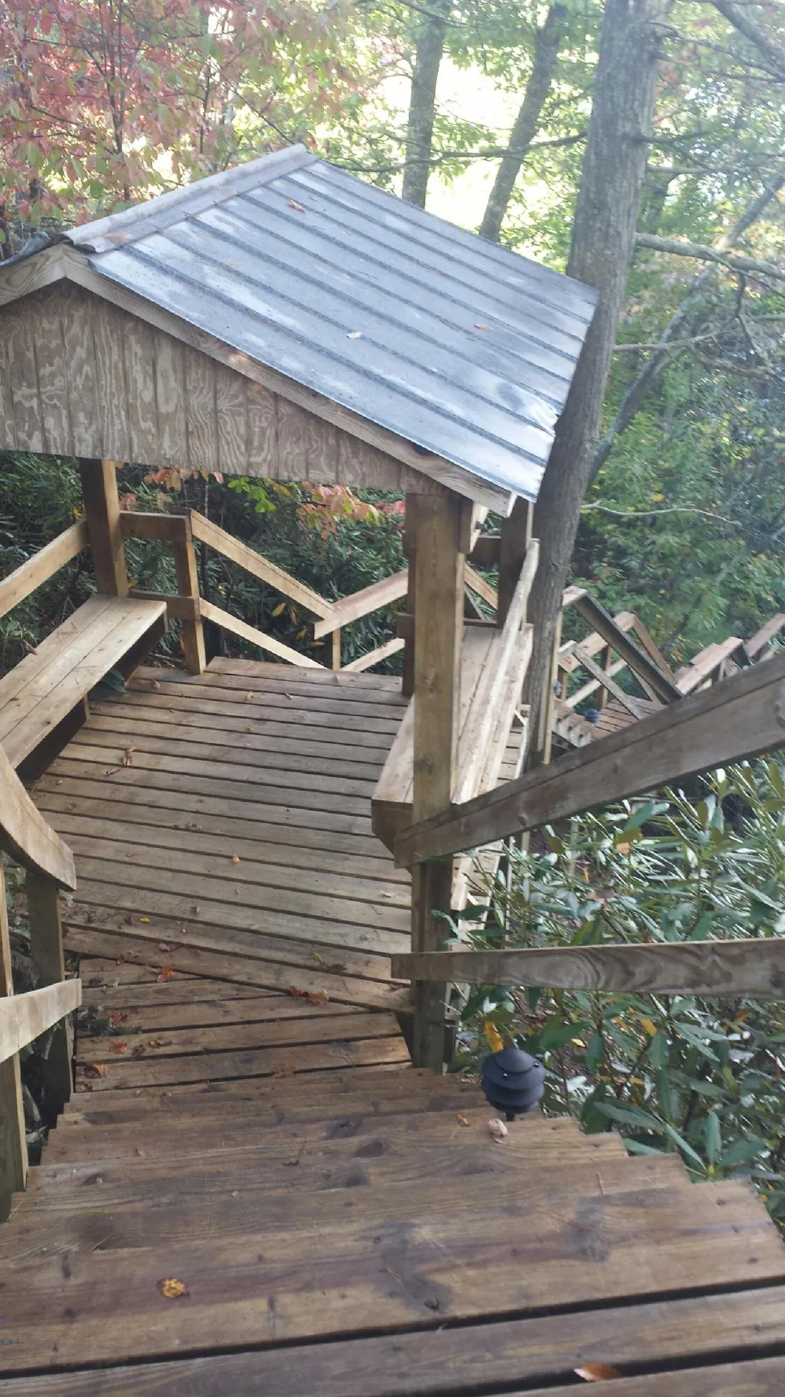 Metal roofed shelter over wooden steps on a wooded walkway — Skylight Repair & Installation work by our crew in Sea Cliff